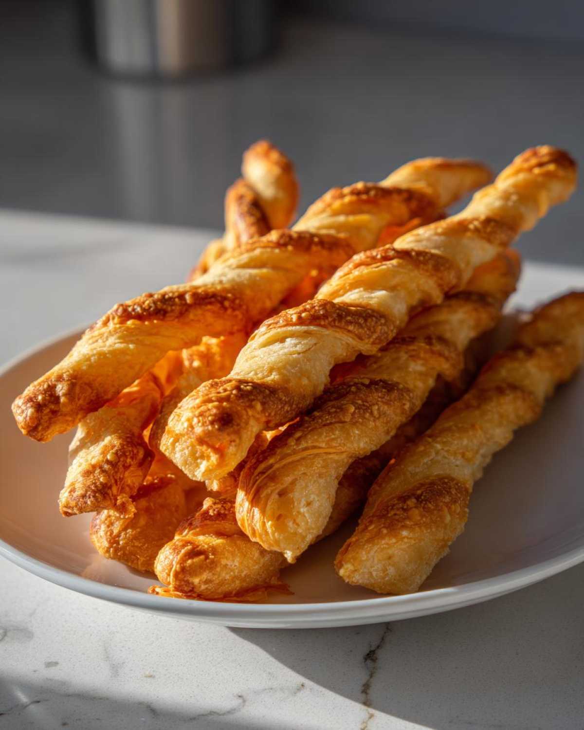 A stack of golden brown, flaky, twisted cheese straws recipe baked to perfection on a white plate.