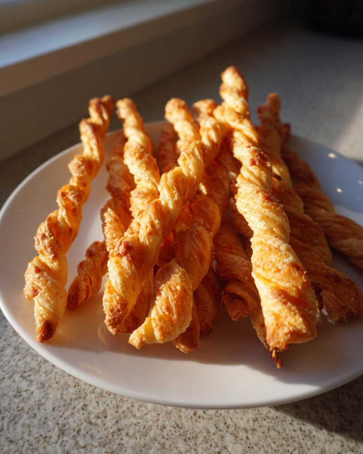 A pile of golden, flaky, twisted cheese straws recipe resting on a white plate, illuminated by sunlight.