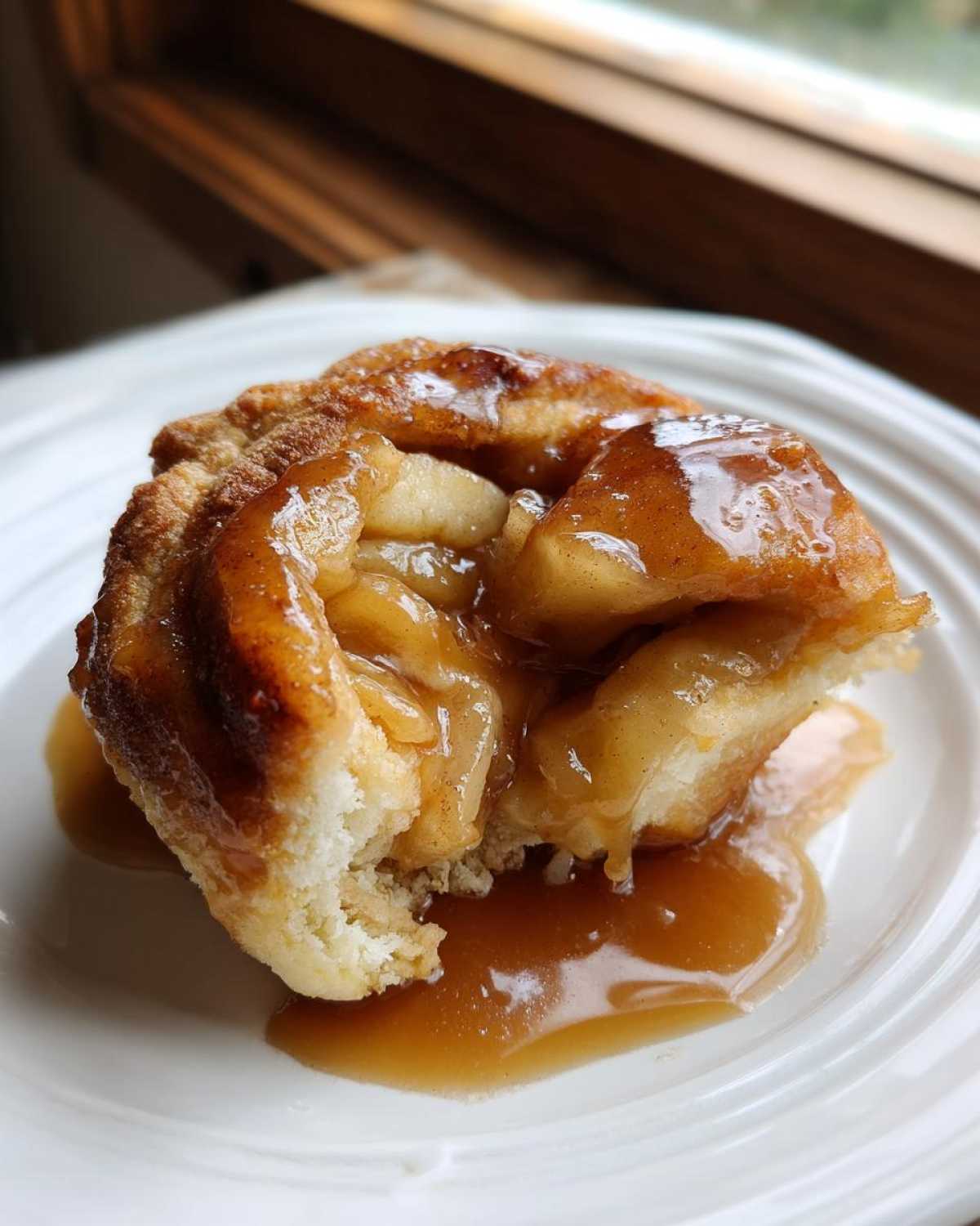 A close-up of a single, warm apple dumpling with soft pastry and tender apples, drenched in rich caramel sauce.