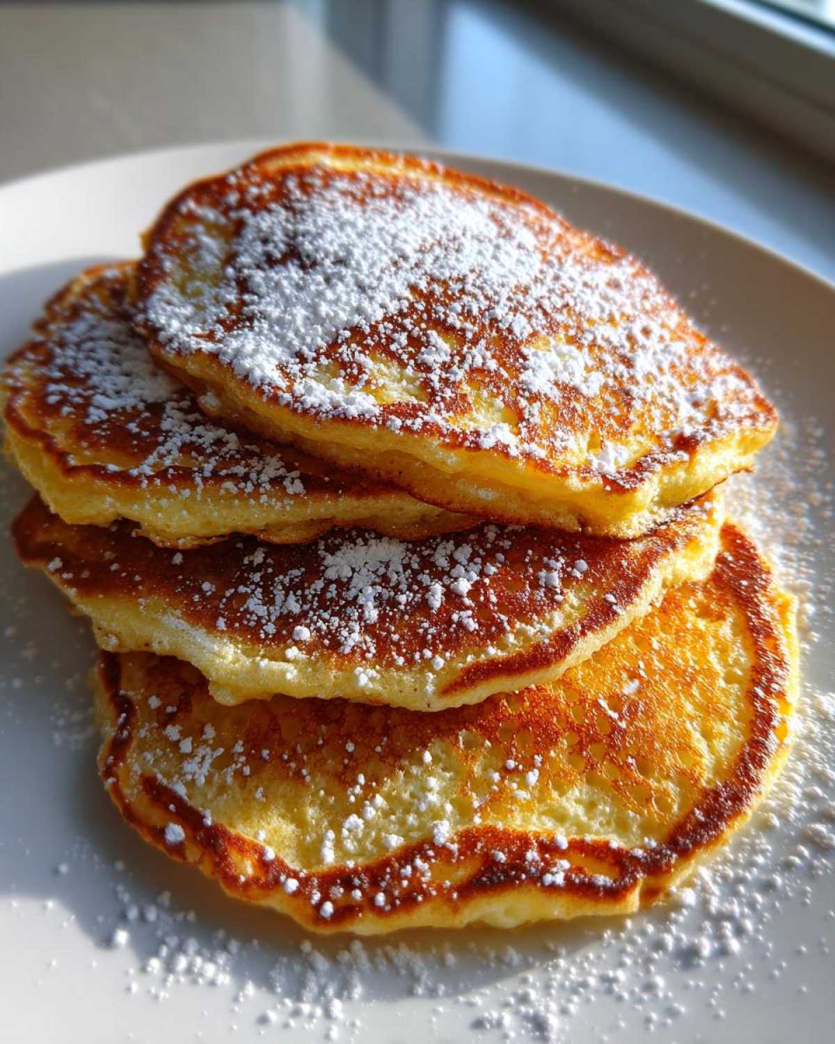 A stack of golden-brown High-Protein Cottage Cheese Pancakes dusted generously with white powdered sugar.