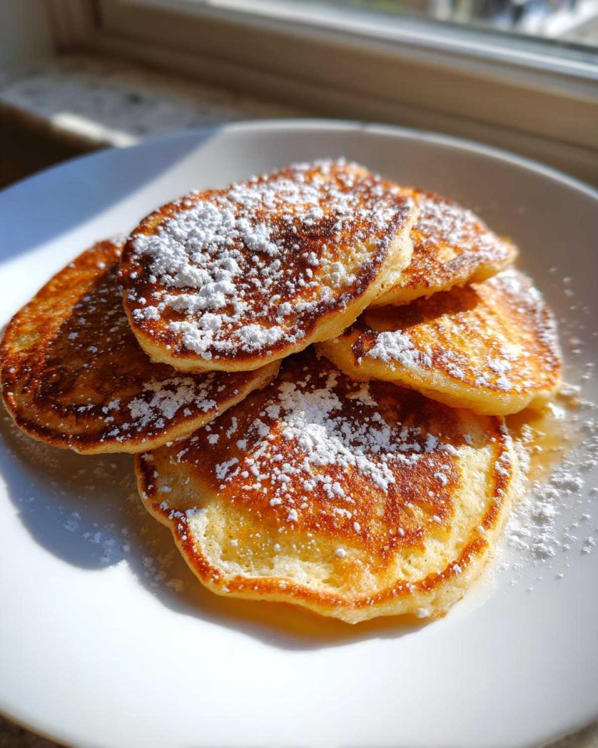 A stack of golden-brown High-Protein Cottage Cheese Pancakes dusted heavily with powdered sugar.