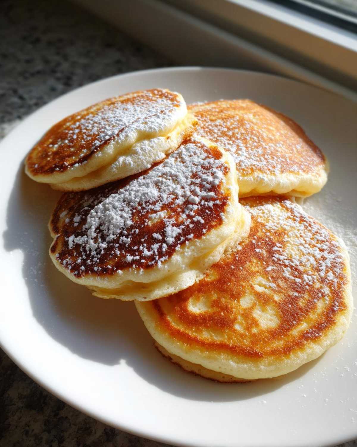 A stack of four golden-brown High-Protein Cottage Cheese Pancakes dusted lightly with powdered sugar on a white plate.