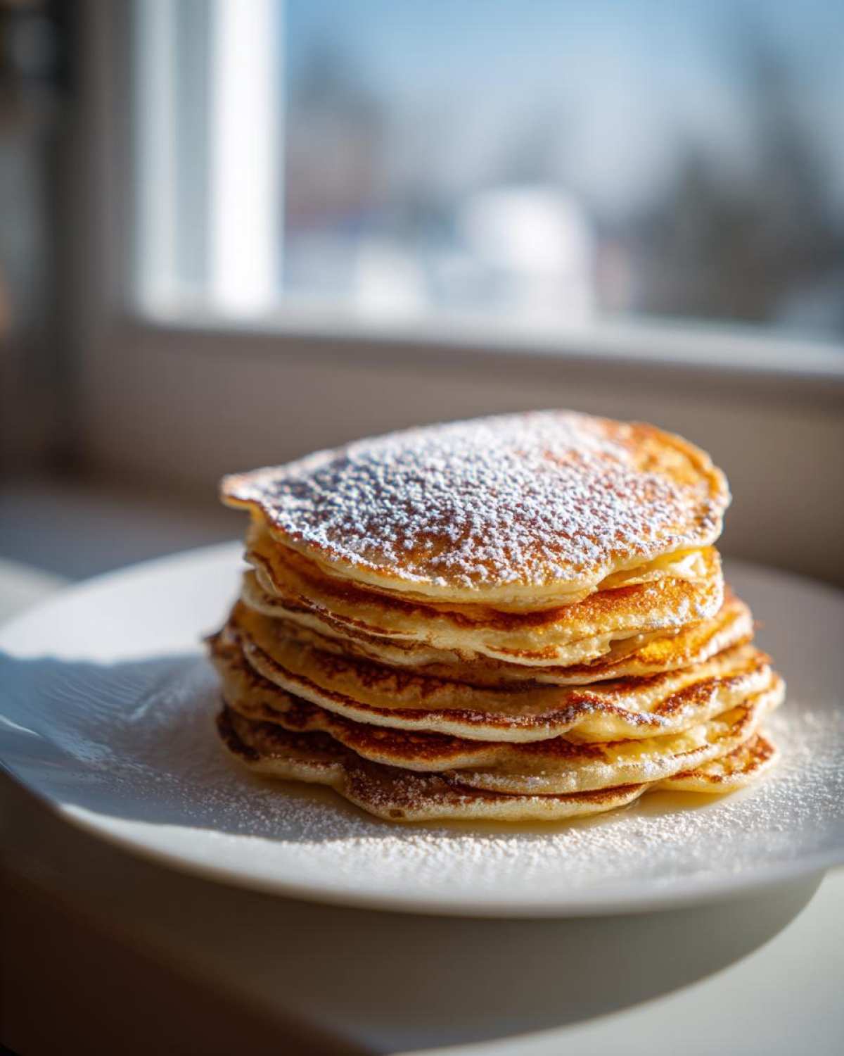 A tall stack of golden High-Protein Cottage Cheese Pancakes dusted generously with powdered sugar on a white plate.