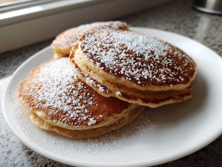 A stack of fluffy High-Protein Cottage Cheese Pancakes dusted generously with powdered sugar on a white plate.