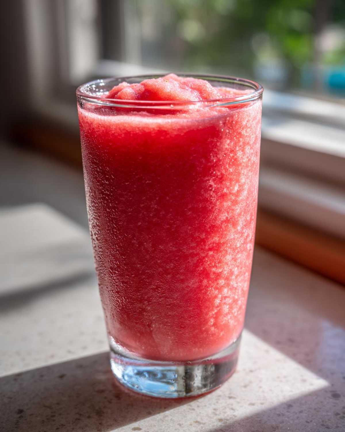A tall glass filled with a bright pink, icy watermelon smoothie, showing condensation on the outside.