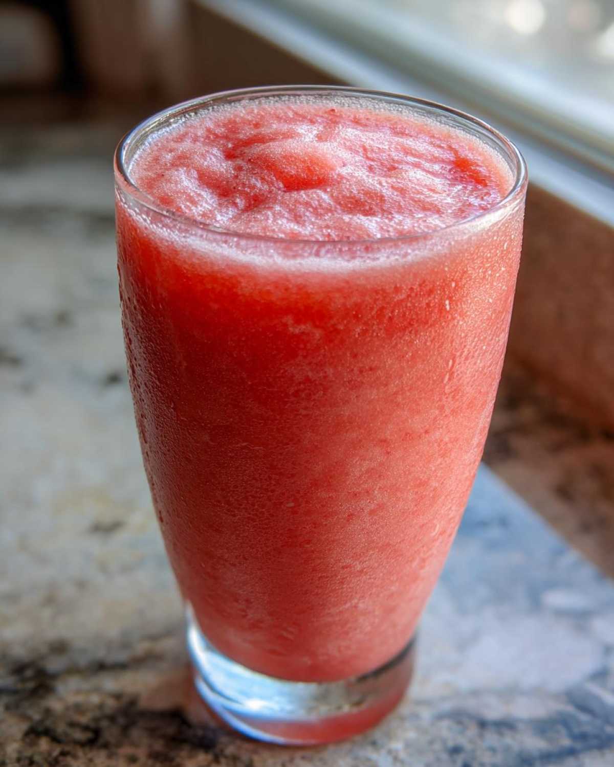 Close-up of a tall glass filled with a thick, icy watermelon smoothie, showing condensation on the glass.