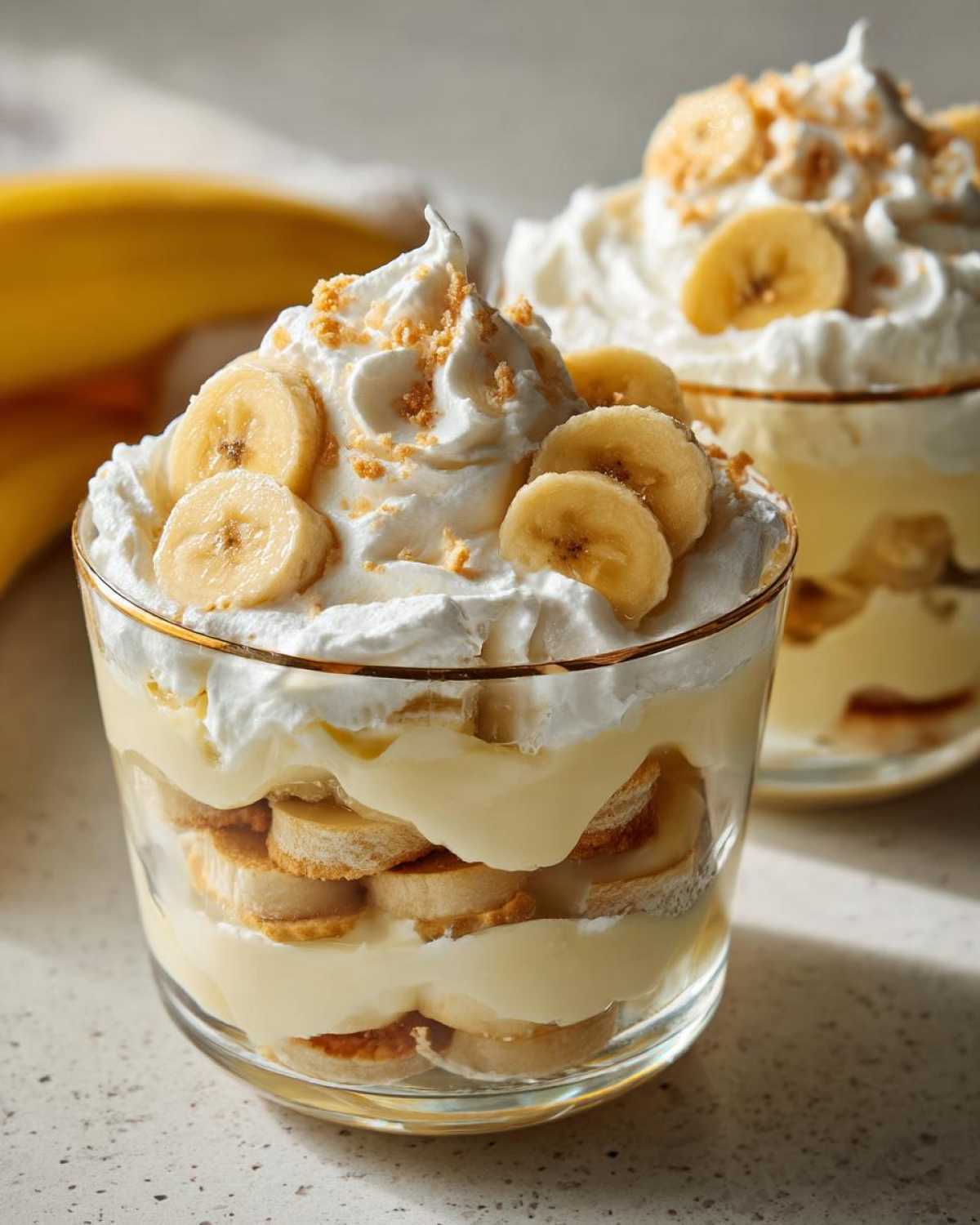 Close-up of individual banana pudding serving layered with vanilla wafers, pudding, and topped with whipped cream and banana slices.