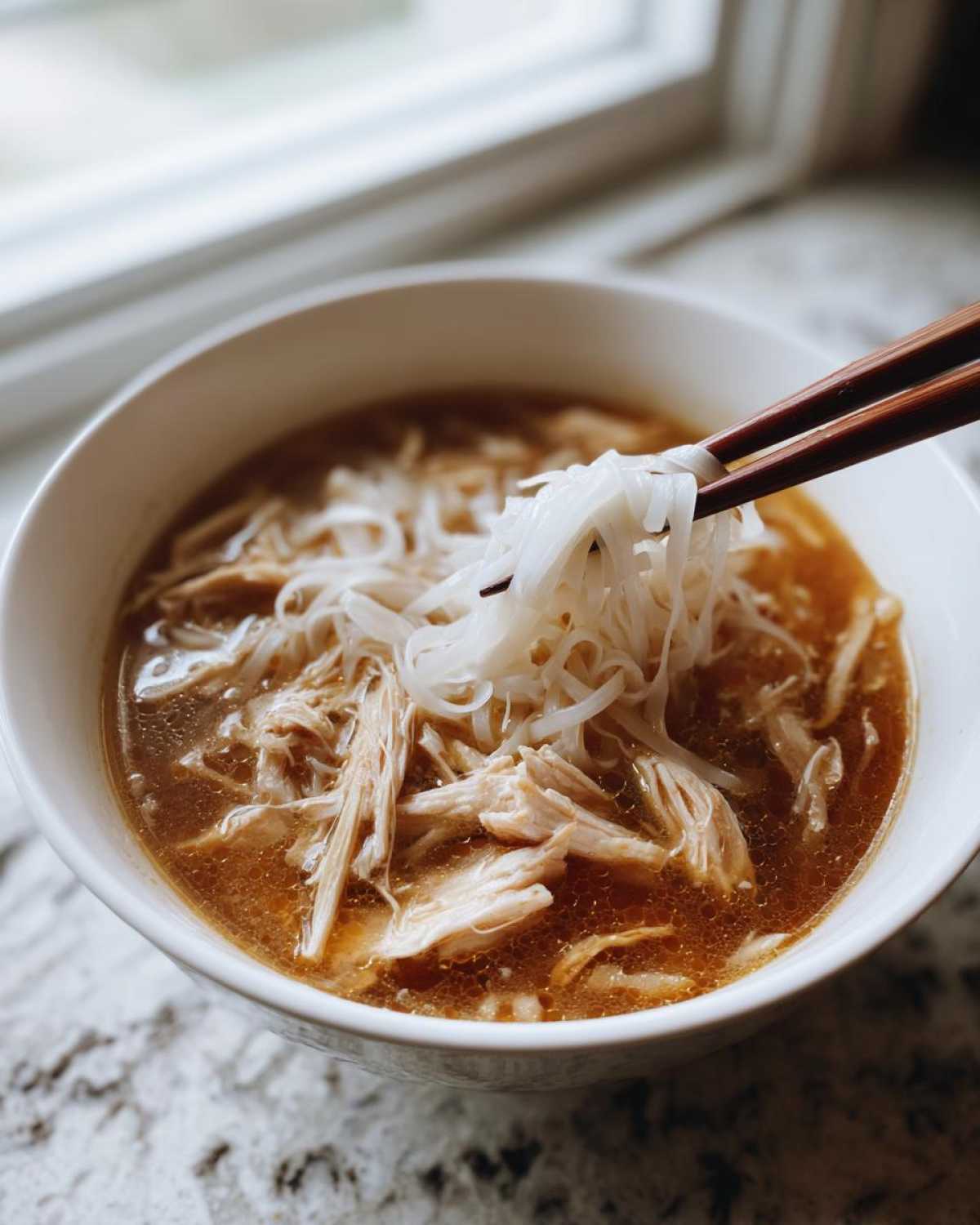 Chopsticks lifting white rice noodles from a bowl of Instant Pot Chicken Pho with shredded chicken and broth.
