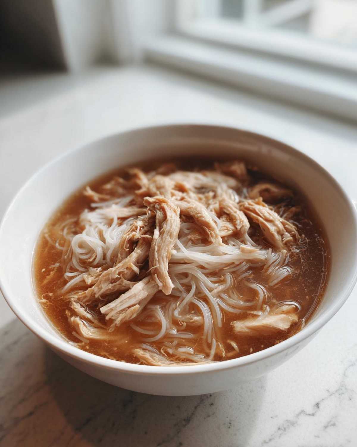 A close-up of Instant Pot Chicken Pho with rice noodles and shredded chicken in a white bowl.