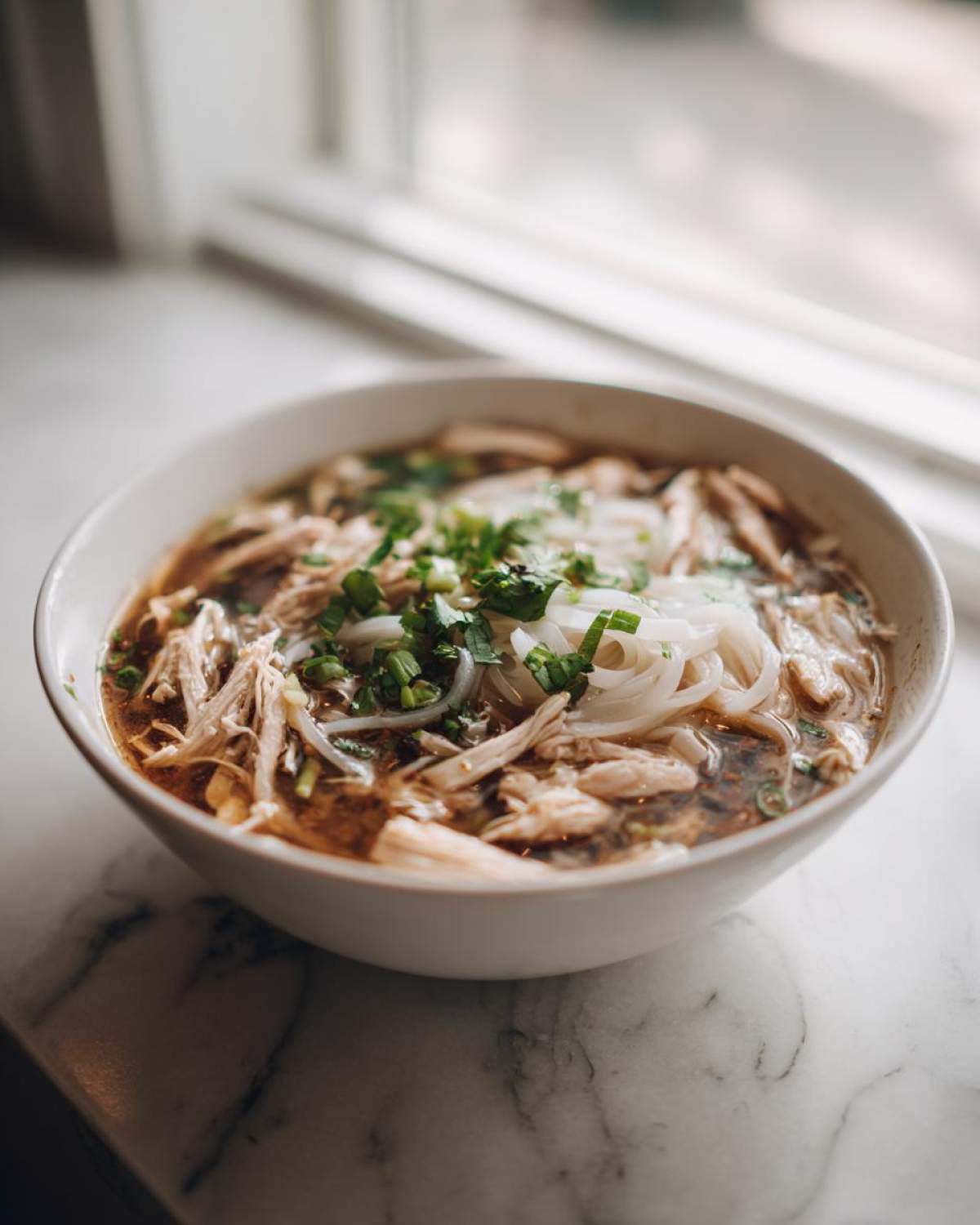 A close-up of a white bowl filled with Instant Pot Chicken Pho, featuring shredded chicken, rice noodles, and green onions.
