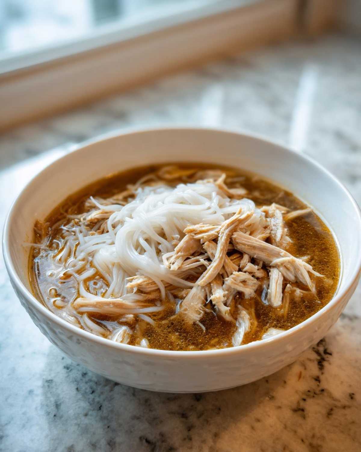 A close-up of Instant Pot Chicken Pho with rice noodles and shredded chicken in a white bowl.