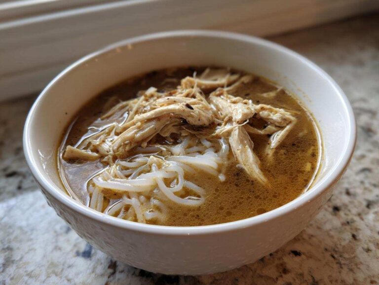 Close-up of a white bowl filled with Instant Pot Chicken Pho, featuring rich broth, shredded chicken, and rice noodles.