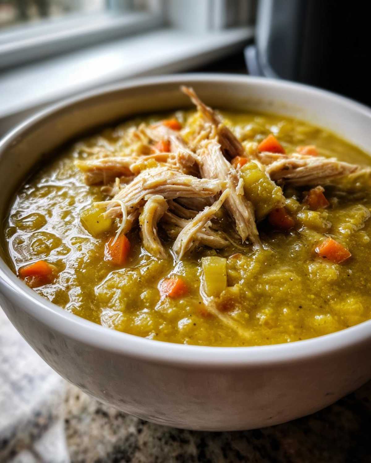 Close-up of thick Instant Pot Split Pea Soup with Smoked Turkey and diced carrots in a white bowl.