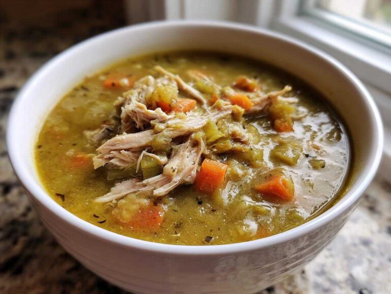 Close-up of a hearty bowl of Instant Pot Split Pea Soup with Smoked Turkey, topped with shredded turkey and visible carrots.