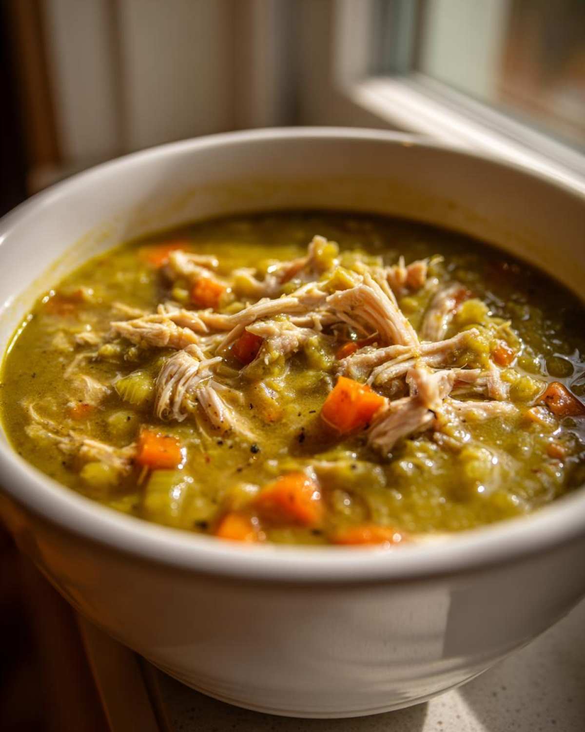 Close-up of a white bowl filled with thick Instant Pot Split Pea Soup with Smoked Turkey, topped with shredded meat and carrots.