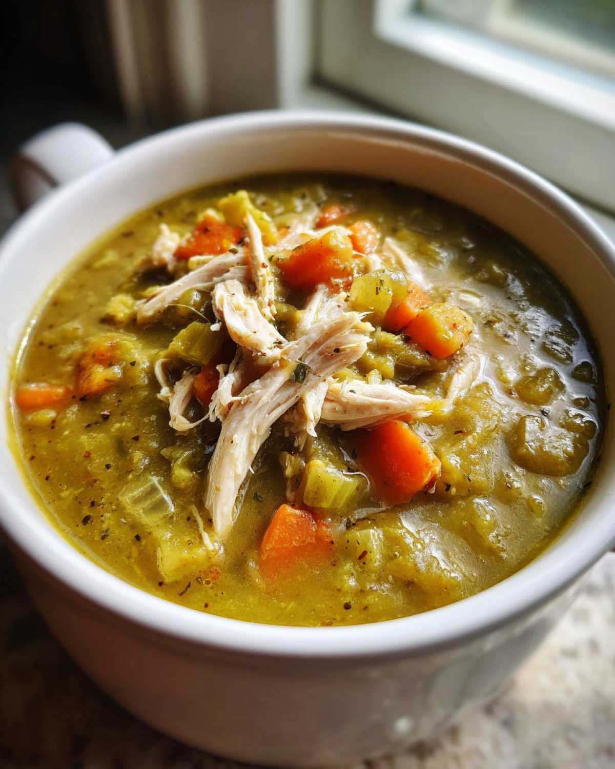 Close-up of thick Instant Pot Split Pea Soup with smoked turkey and diced carrots.
