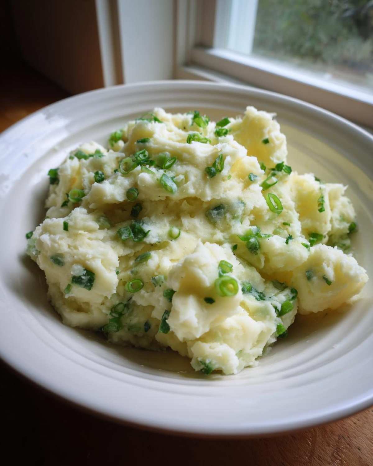 A close-up of creamy Irish Champ Mashed Potatoes with scallions mixed throughout, served in a white bowl.