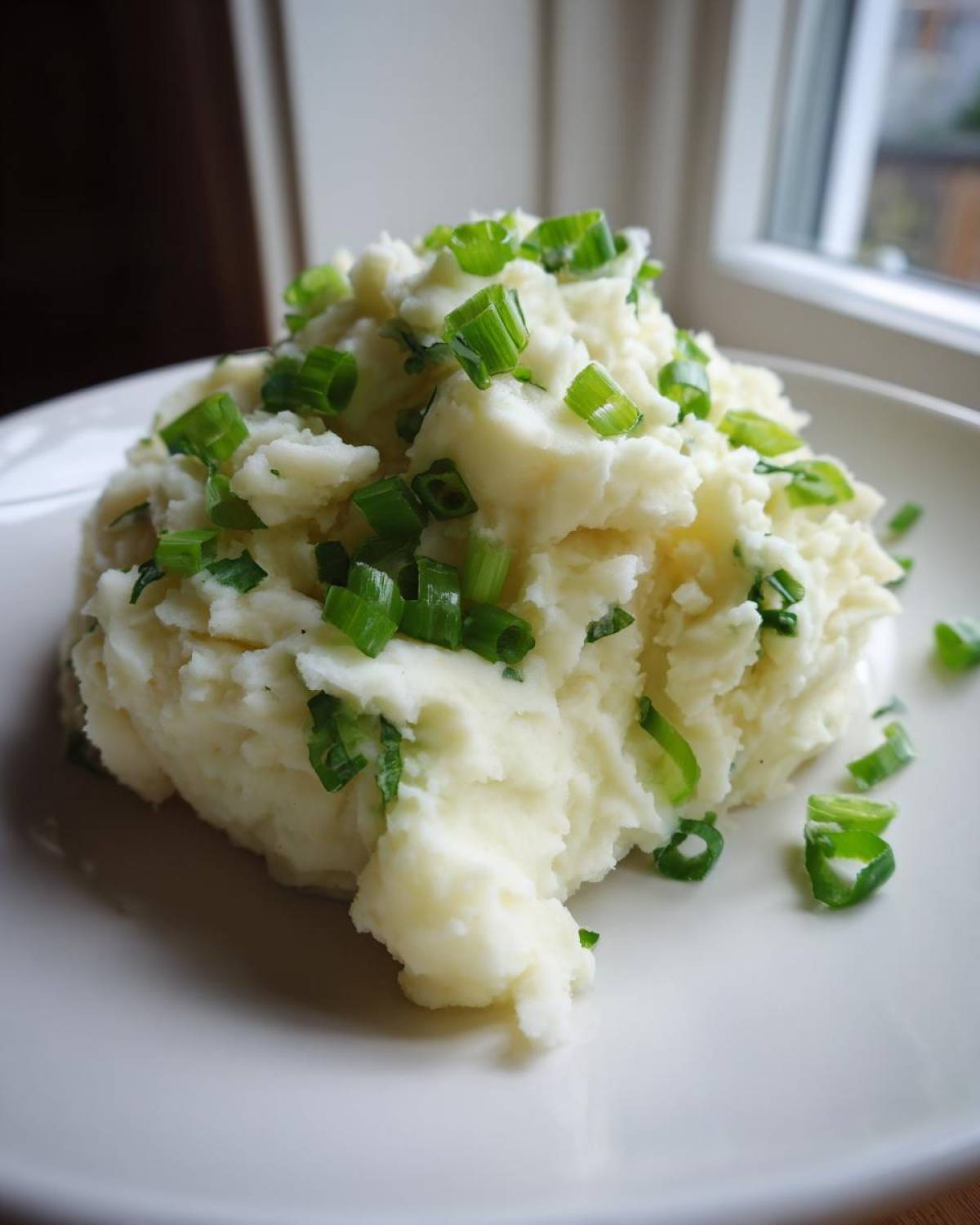 A generous mound of creamy Irish Champ Mashed Potatoes with Scallions piled high on a white plate.