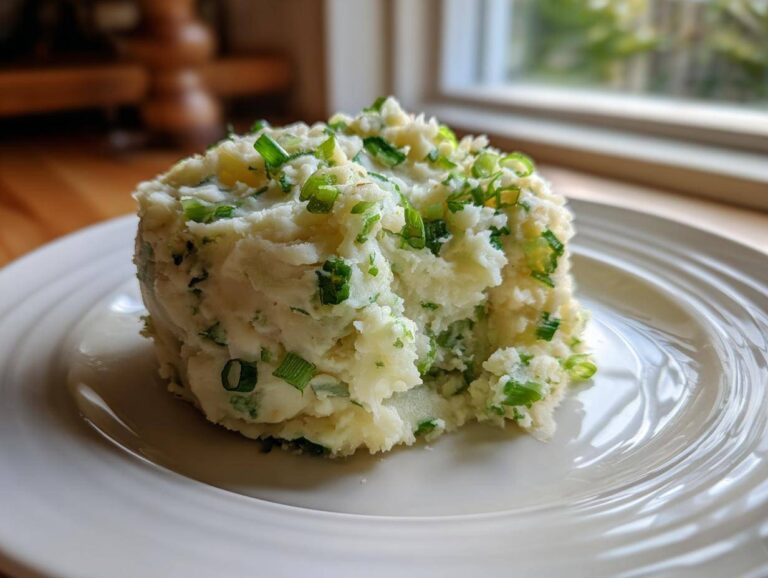 Glorious Irish Champ Mashed Potatoes with Scallions A mound of creamy Irish Champ mashed potatoes with visible chunks and topped generously with chopped green scallions.
