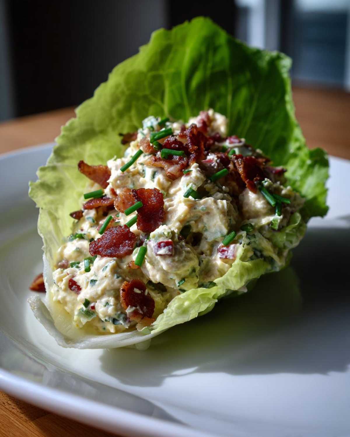 Creamy Keto Bacon Ranch Chicken Salad served in a crisp lettuce boat, topped with bacon bits and chives.