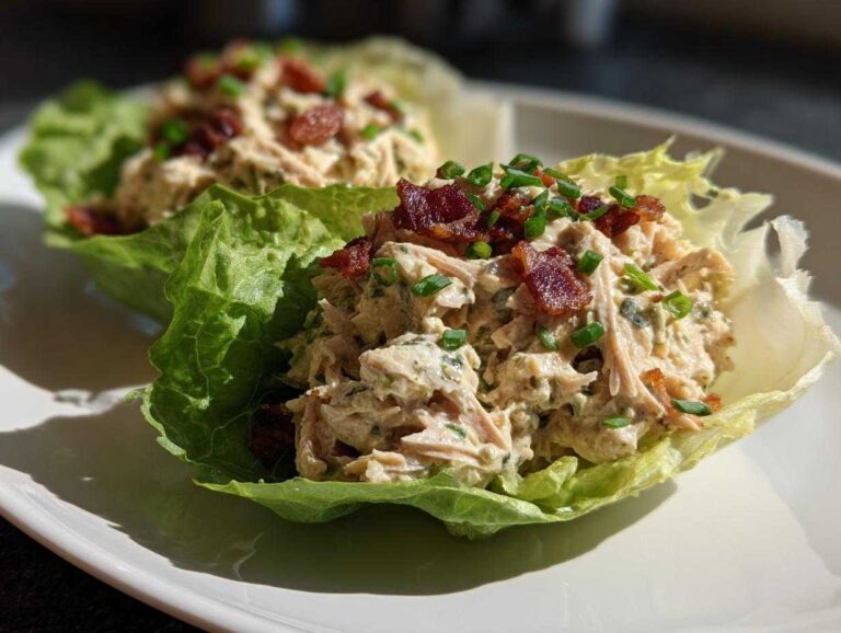 Two servings of Keto Bacon Ranch Chicken Salad Lettuce Boats topped with crumbled bacon and chives.