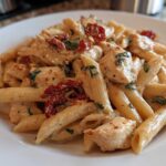Close-up of a serving of rich Marry Me Chicken Pasta featuring penne, chicken chunks, and sun-dried tomatoes.