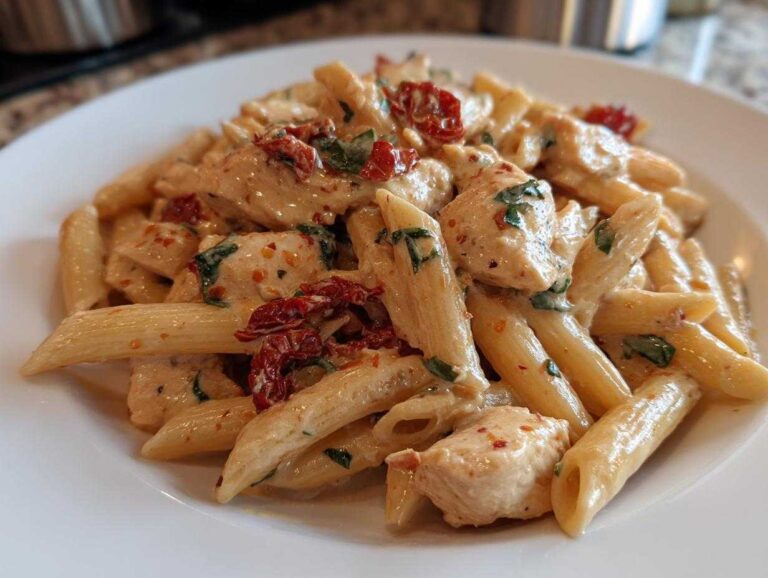 Close-up of a serving of rich Marry Me Chicken Pasta featuring penne, chicken chunks, and sun-dried tomatoes.