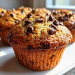 Close-up of a freshly baked, moist banana chocolate chip muffin topped with melted chocolate chips.