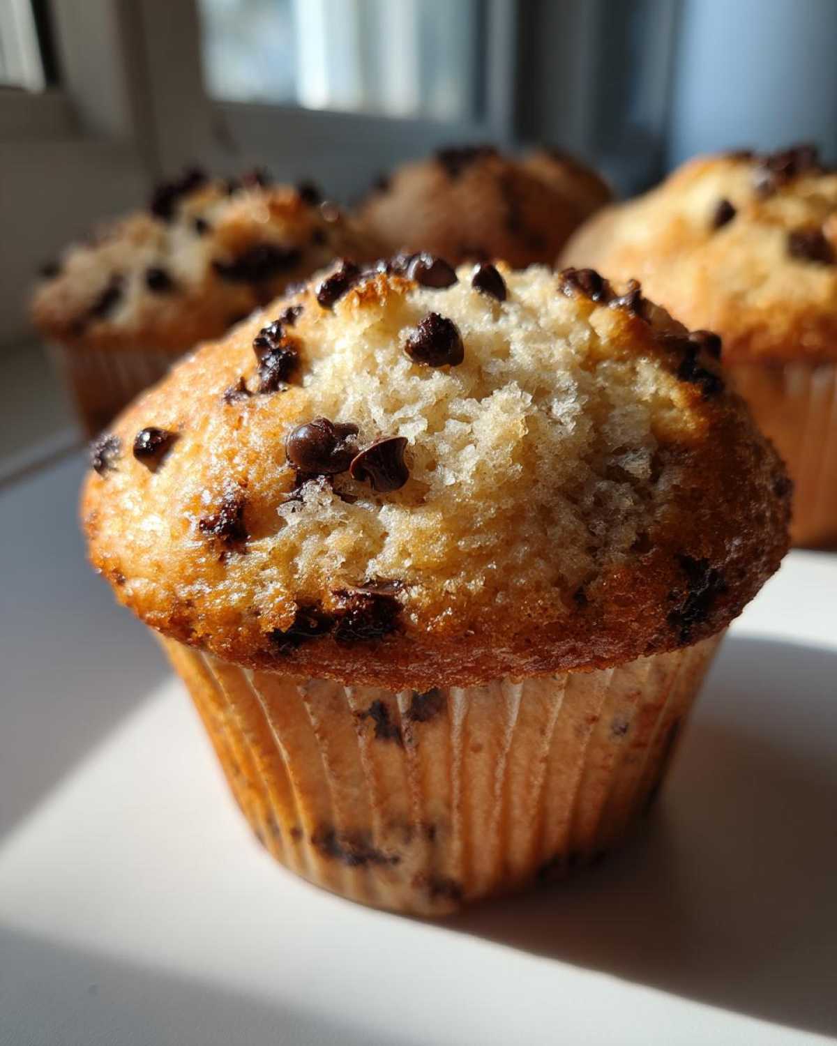 Close-up of a perfectly baked banana chocolate chip muffin with a golden top sprinkled with mini chocolate chips.