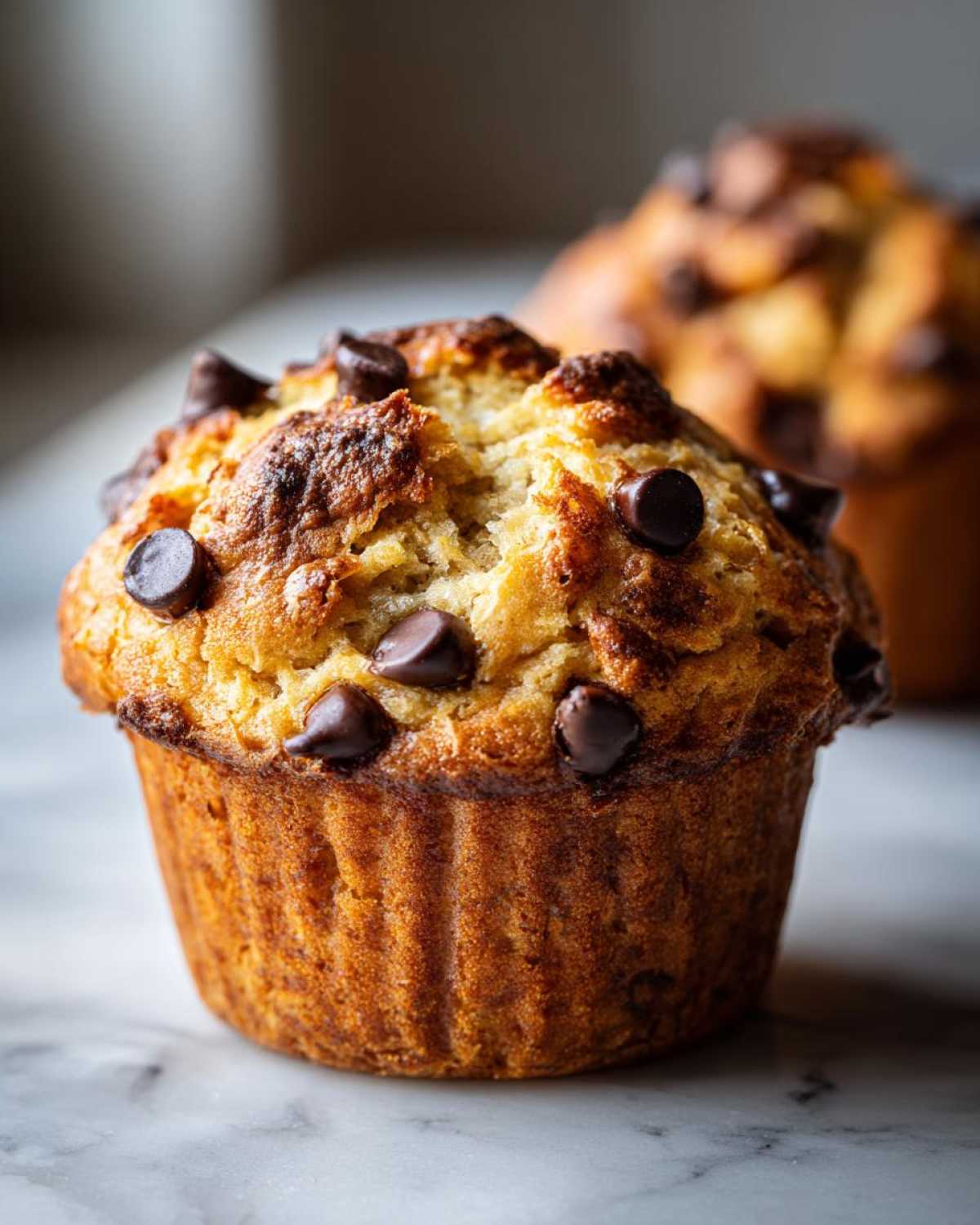 Close-up of a perfectly baked, moist banana chocolate chip muffin with melted chocolate chips on top.