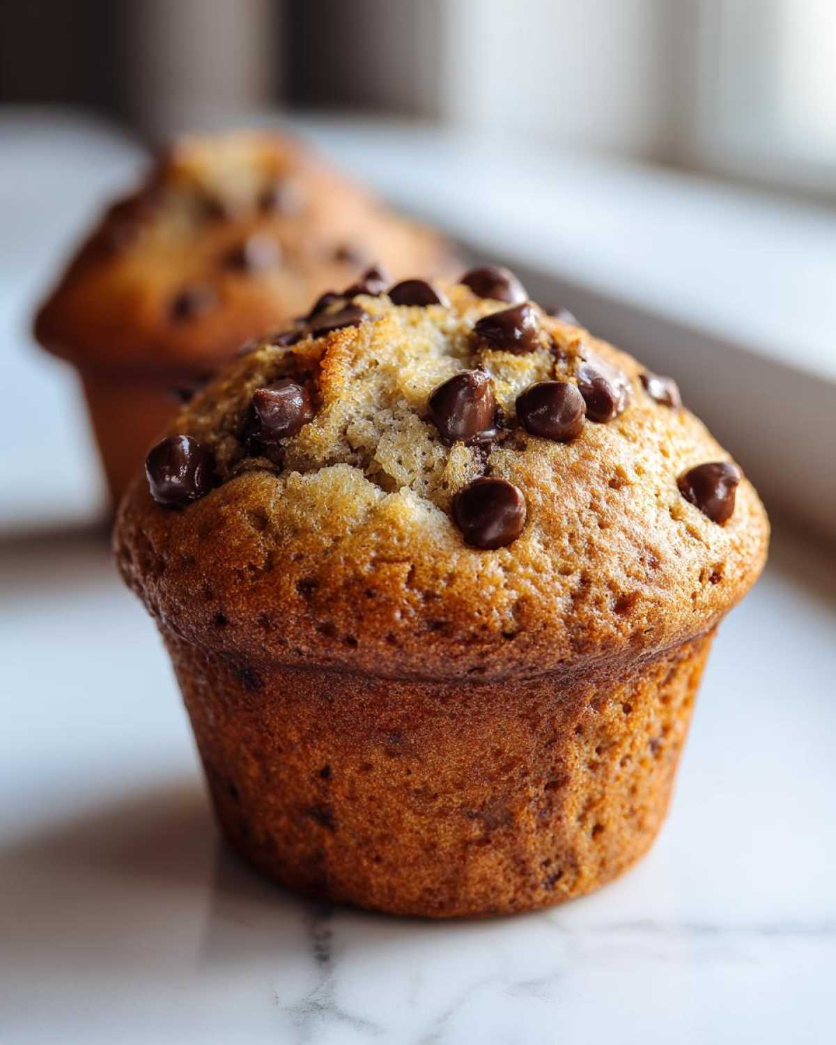 Close-up of a perfectly baked, moist banana chocolate chip muffin topped with melted chocolate chips.
