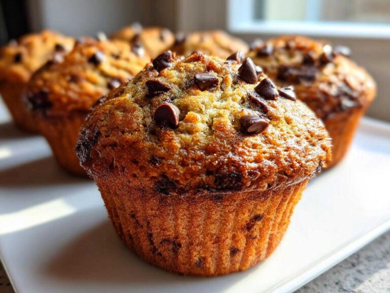 Close-up of a freshly baked, moist banana chocolate chip muffin topped with melted chocolate chips.
