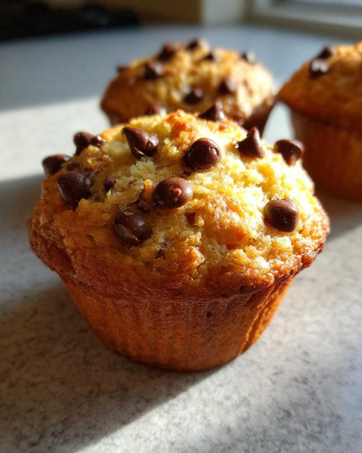 Close-up of a perfectly baked banana chocolate chip muffin topped with melted chocolate chips.