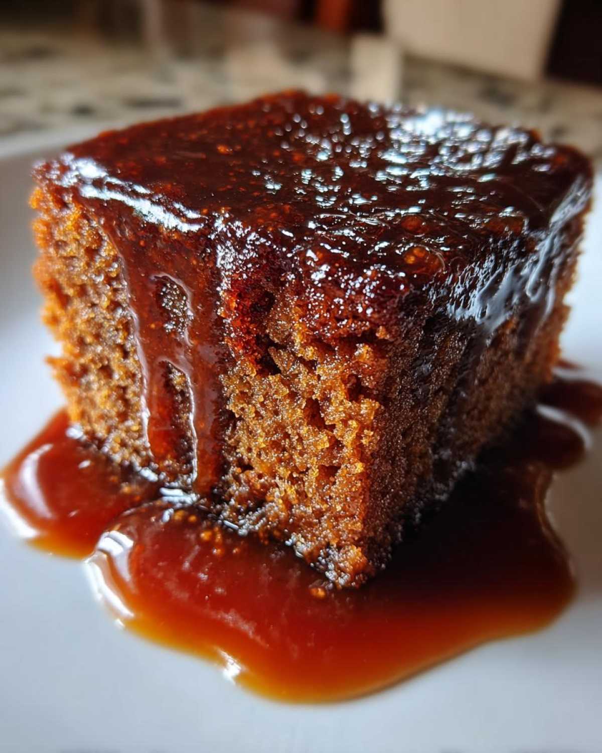 Close-up of a square of moist sticky toffee pudding recipe cake drenched in rich toffee sauce.