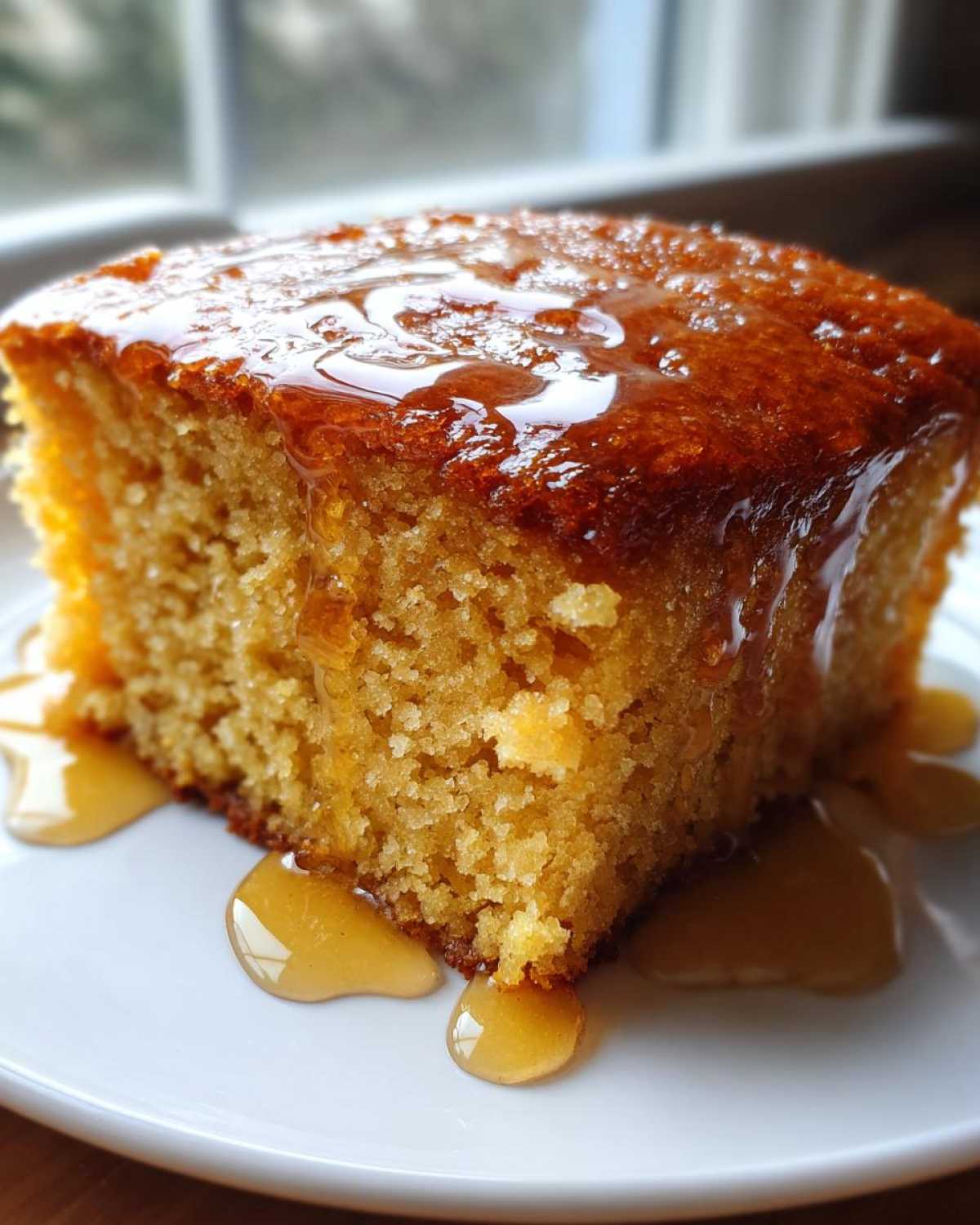 A close-up of a moist slice of sweet potato cornbread drizzled generously with golden honey on a white plate.