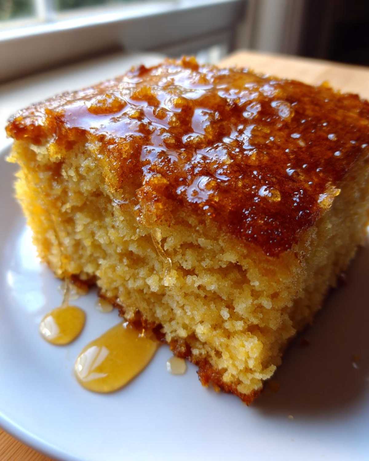 Close-up of a square slice of moist sweet potato cornbread topped with glistening honey dripping onto a white plate.