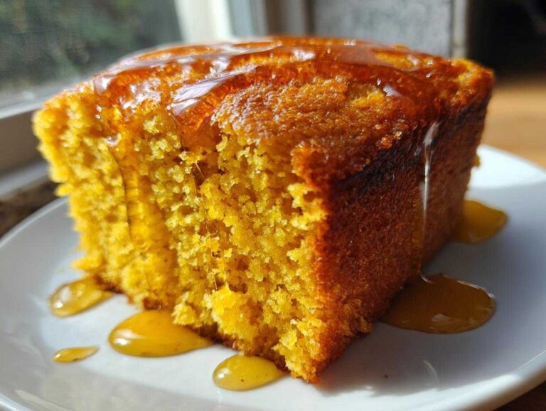 Easy sweet potato cornbread: 1 moist bite Close-up of a moist slice of bright orange sweet potato cornbread drizzled generously with honey on a white plate.