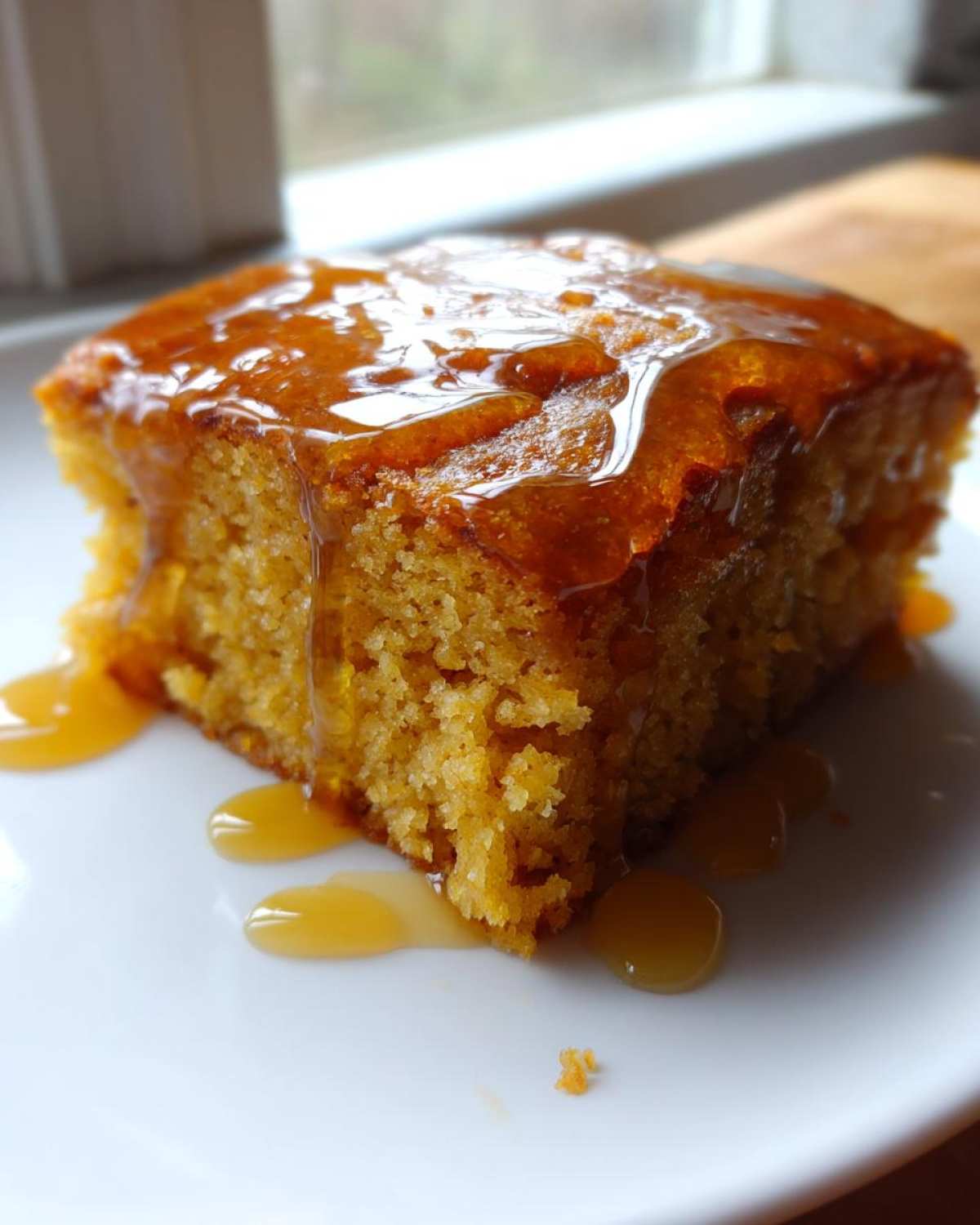 Close-up of a moist slice of sweet potato cornbread drizzled generously with a shiny amber glaze.