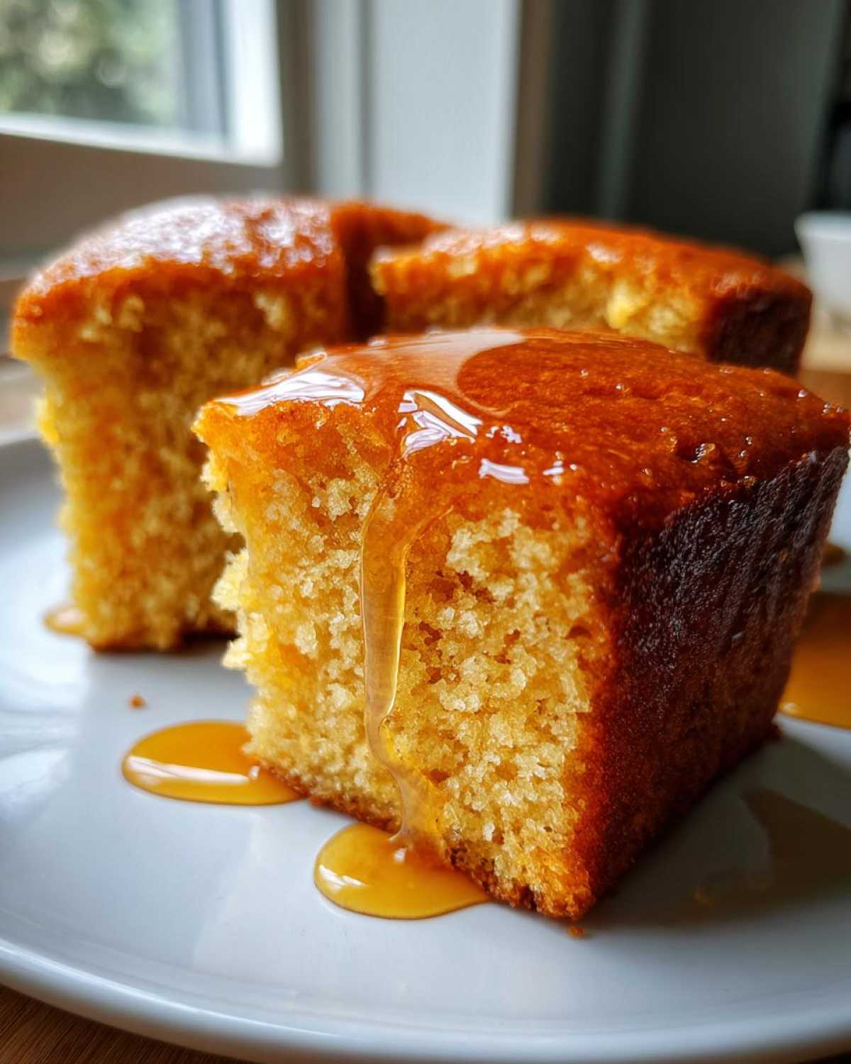 Close-up of moist sweet potato cornbread slice being drizzled with golden syrup.