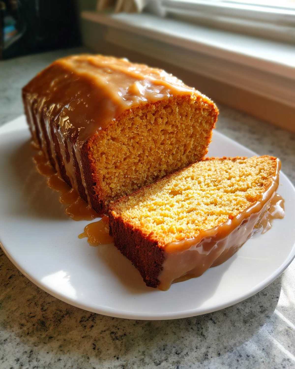 A loaf of moist sweet potato pound cake, partially sliced, covered in a thick caramel glaze.