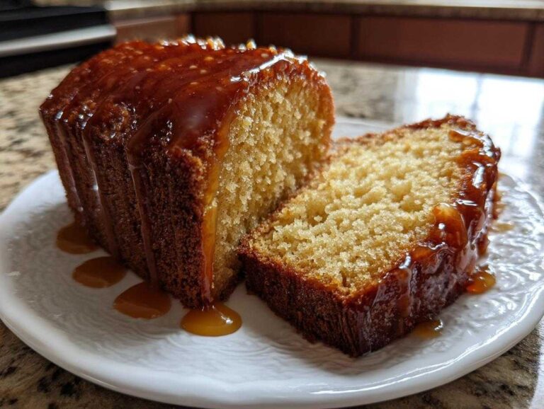 Moist sweet potato pound cake: 1 amazing slice A slice cut from a loaf of moist sweet potato pound cake, generously topped with dripping caramel sauce.