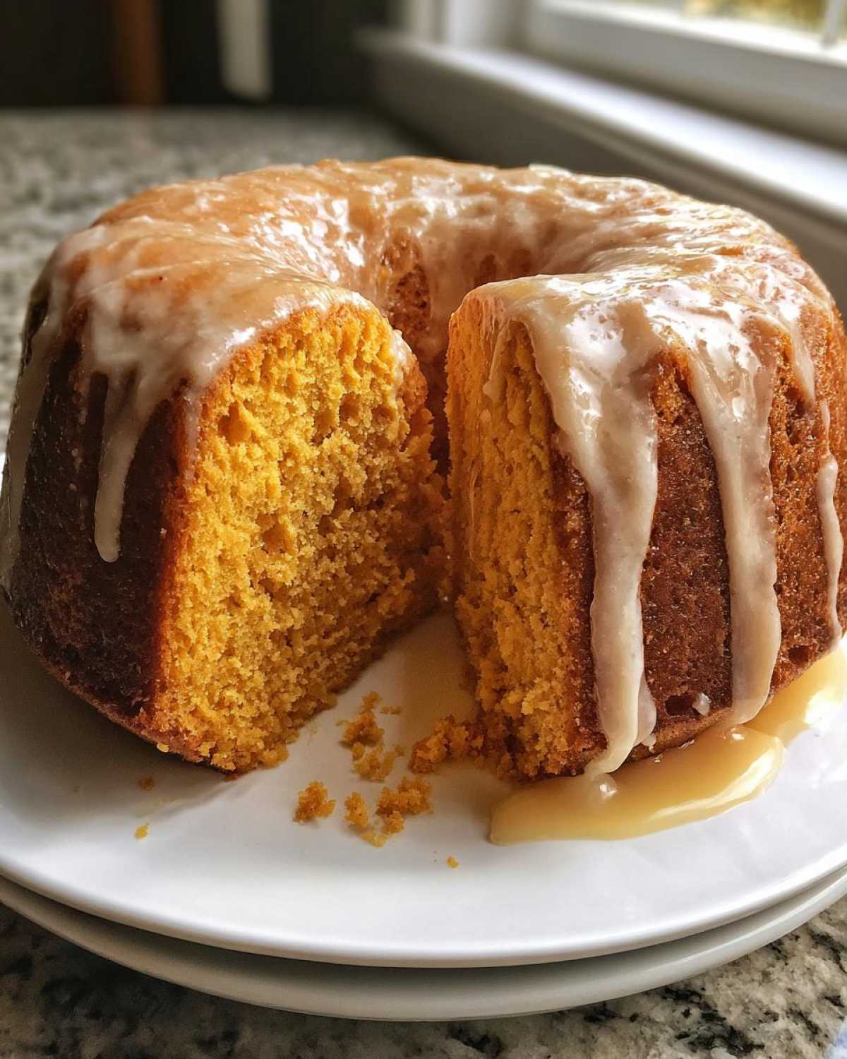 A moist sweet potato pound cake, cut to show the orange crumb, topped with a dripping vanilla glaze.