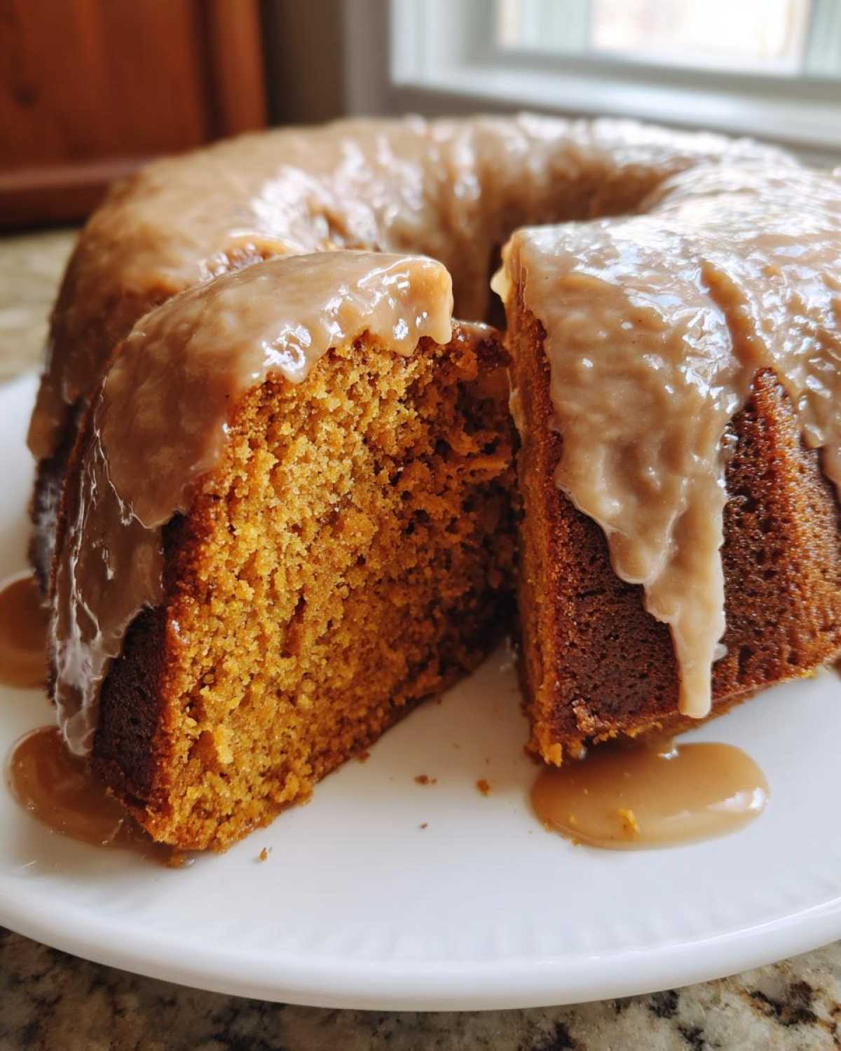 Close-up of a moist sweet potato pound cake with a thick caramel glaze dripping onto a white plate.