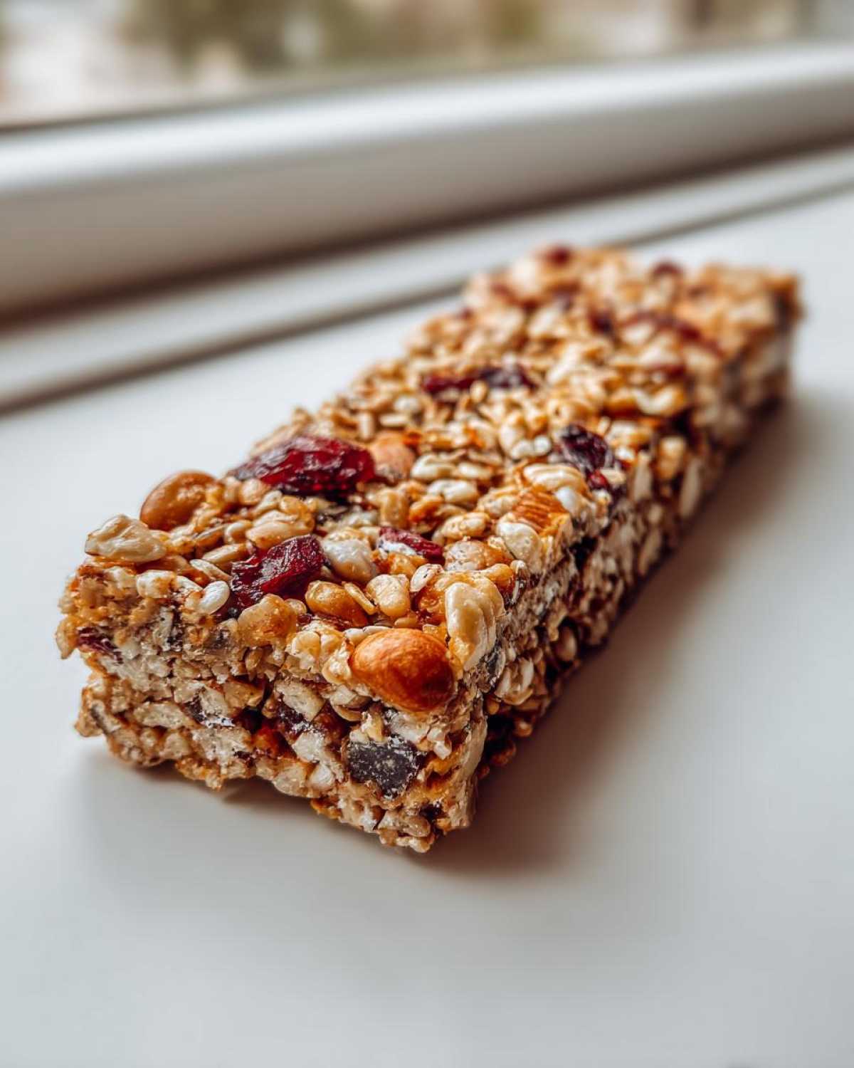 A single, thick no bake granola bar packed with oats, nuts, and dried cranberries resting on a white surface.
