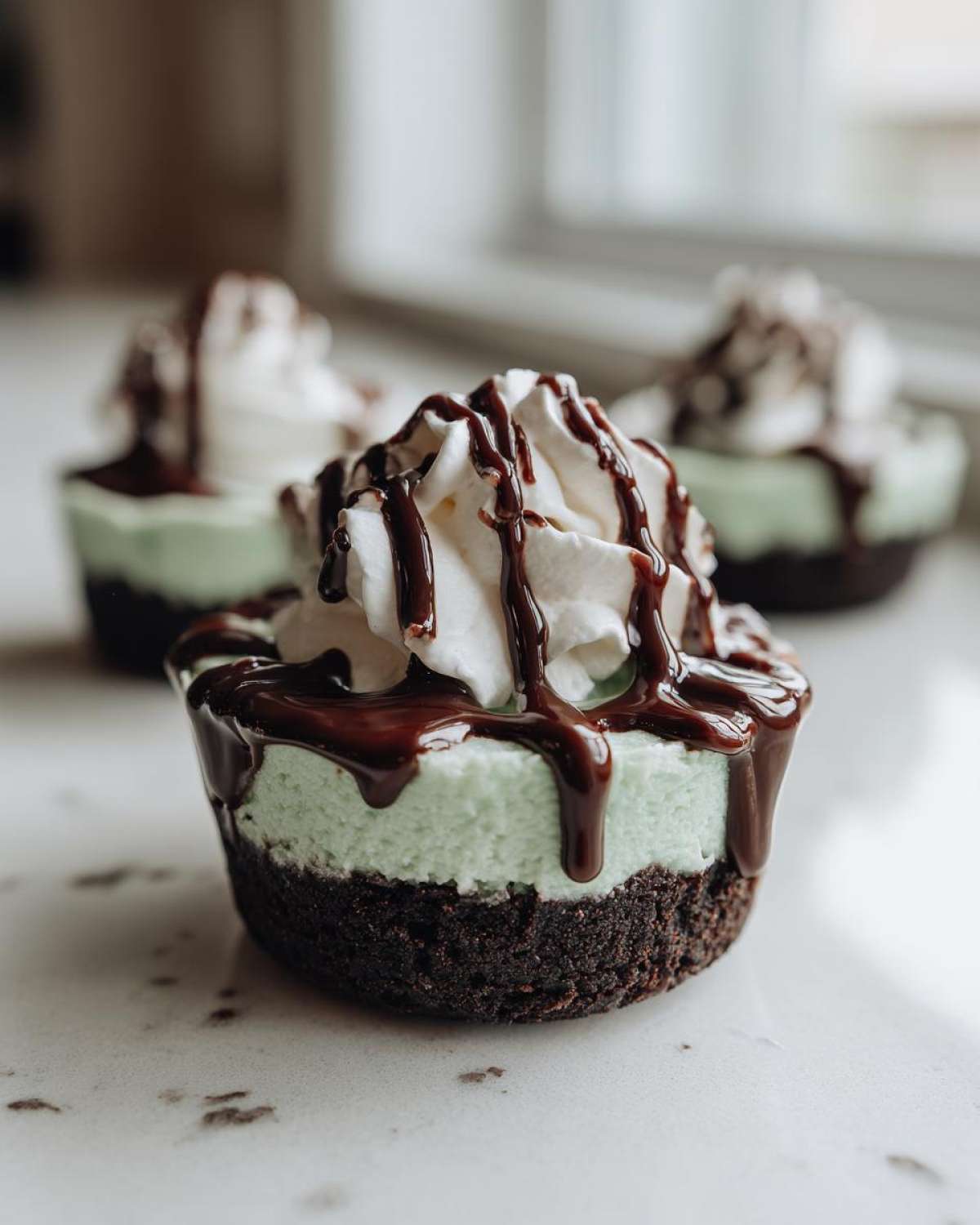 A close-up of one of the No-Bake Mint Chocolate Cheesecake Cups topped with whipped cream and chocolate syrup.