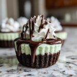 A close-up of a No-Bake Mint Chocolate Cheesecake Cup with a dark chocolate crust, mint filling, whipped cream, and chocolate drizzle.