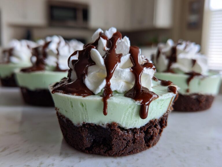 3 Amazing No-Bake Mint Chocolate Cheesecake Cups A close-up of a No-Bake Mint Chocolate Cheesecake Cup featuring a dark crust, light green filling, whipped cream, and chocolate drizzle.