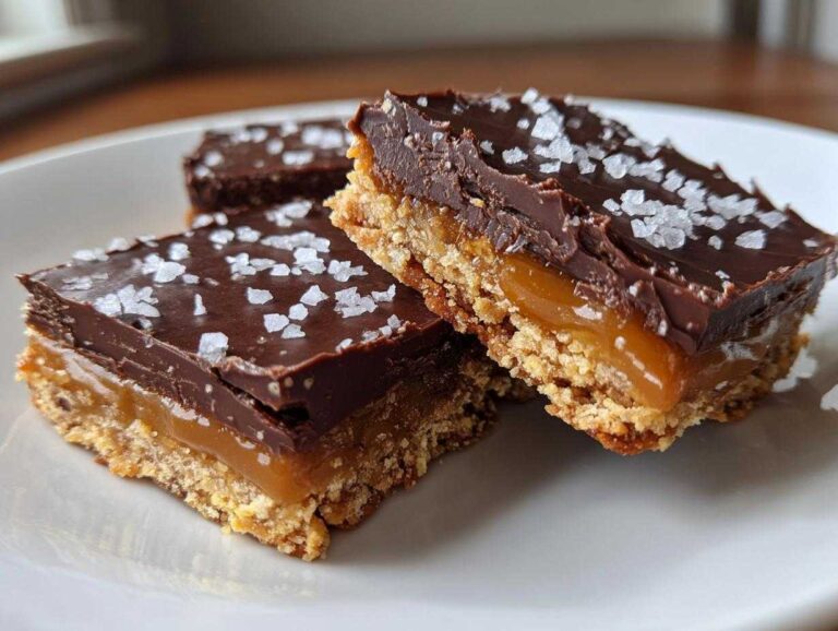 Three decadent No-Bake Salted Caramel Pretzel Bars with layers of pretzel crust, caramel, and chocolate topped with sea salt.