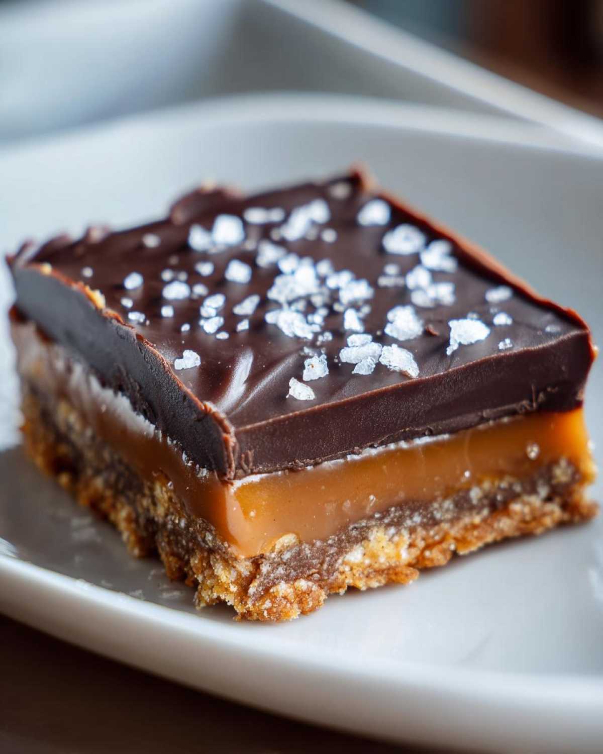 A single square of No-Bake Salted Caramel Pretzel Bars showing three distinct layers topped with flaky sea salt.