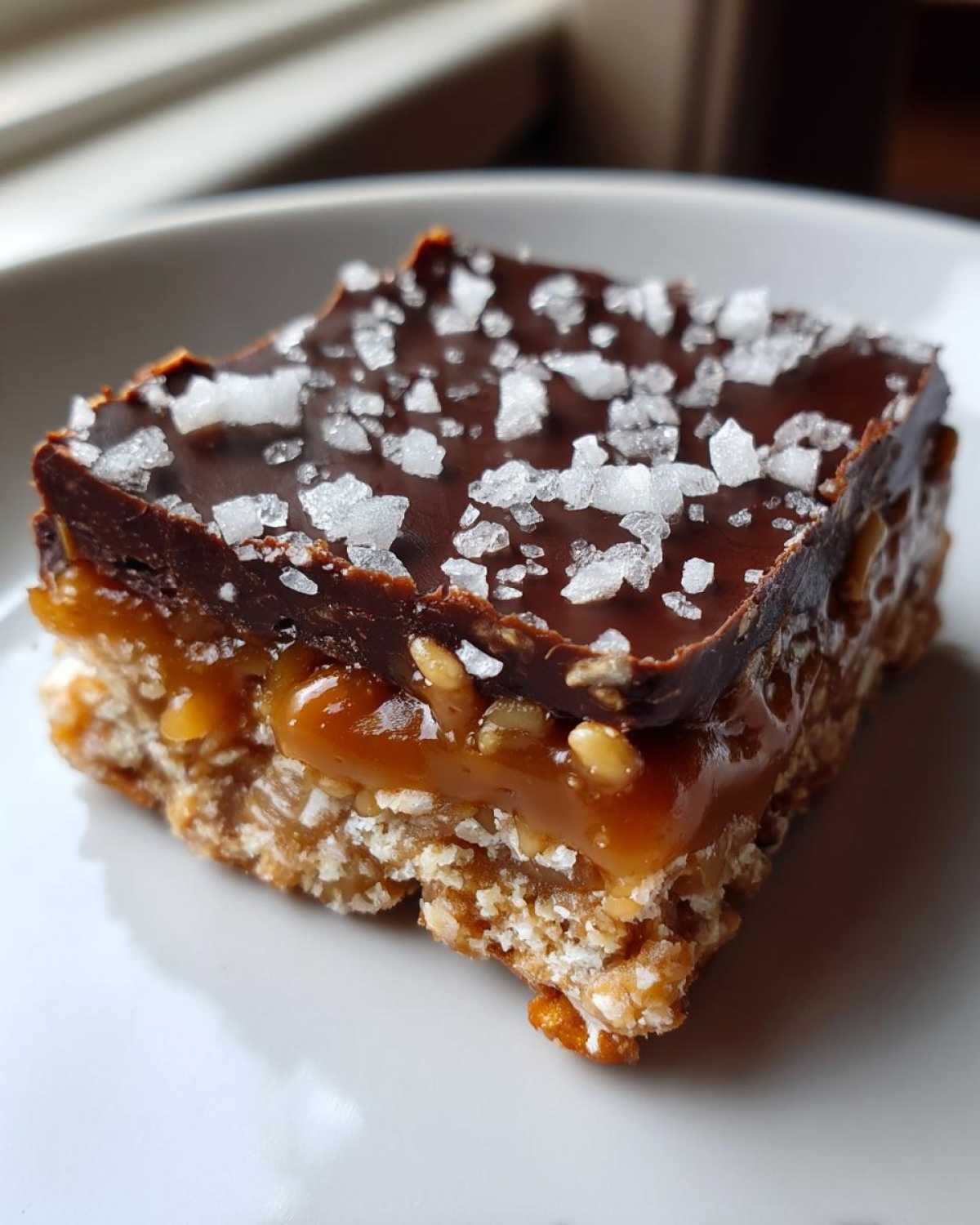 A single square of No-Bake Salted Caramel Pretzel Bars with a chocolate top sprinkled with sea salt.